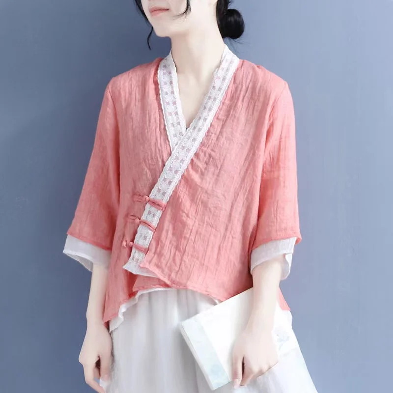 Women Chinese Shirt Linen Clothing Traditional Vintage Top Female Chinoiserie Summer Tang Suit
