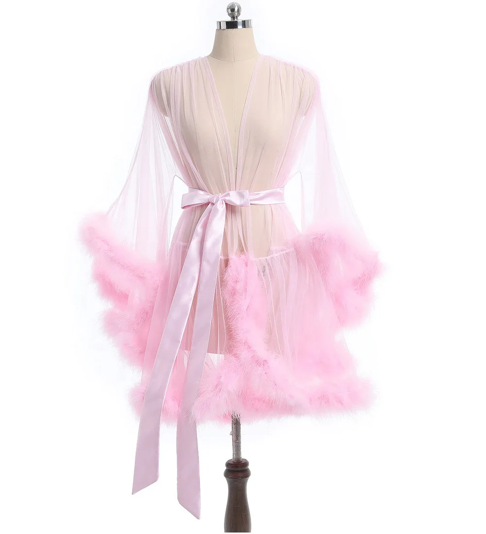 Sexy Feather Robe Large Size Seductive Mesh Perspective Sex Fur Bathrobe Passionate Waist Tightening Robe Dressing Gown Bridal