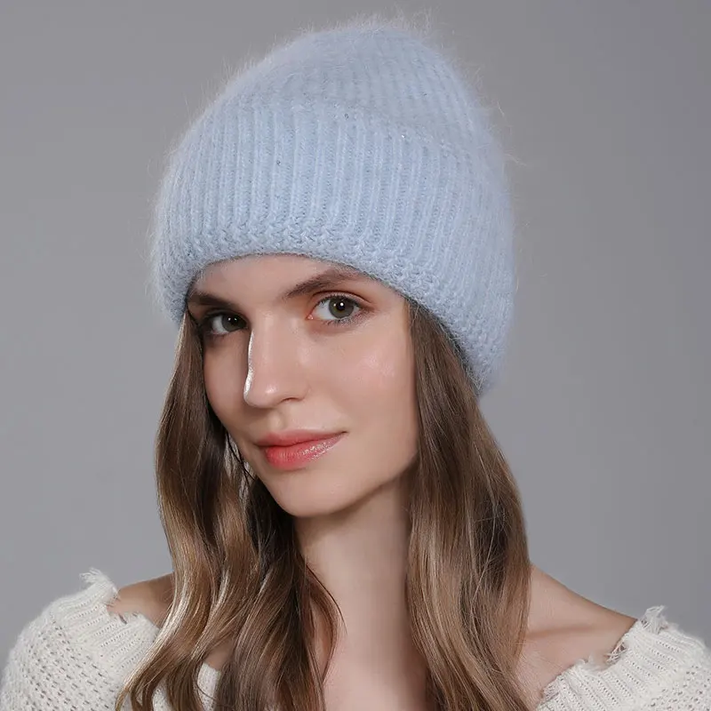 CNTANG 2023 Trend Women Hat Winter Warm Angora Long Rabbit Fur Beanies Knitted Cashmere Hats For Female Fashion Ladies Cap