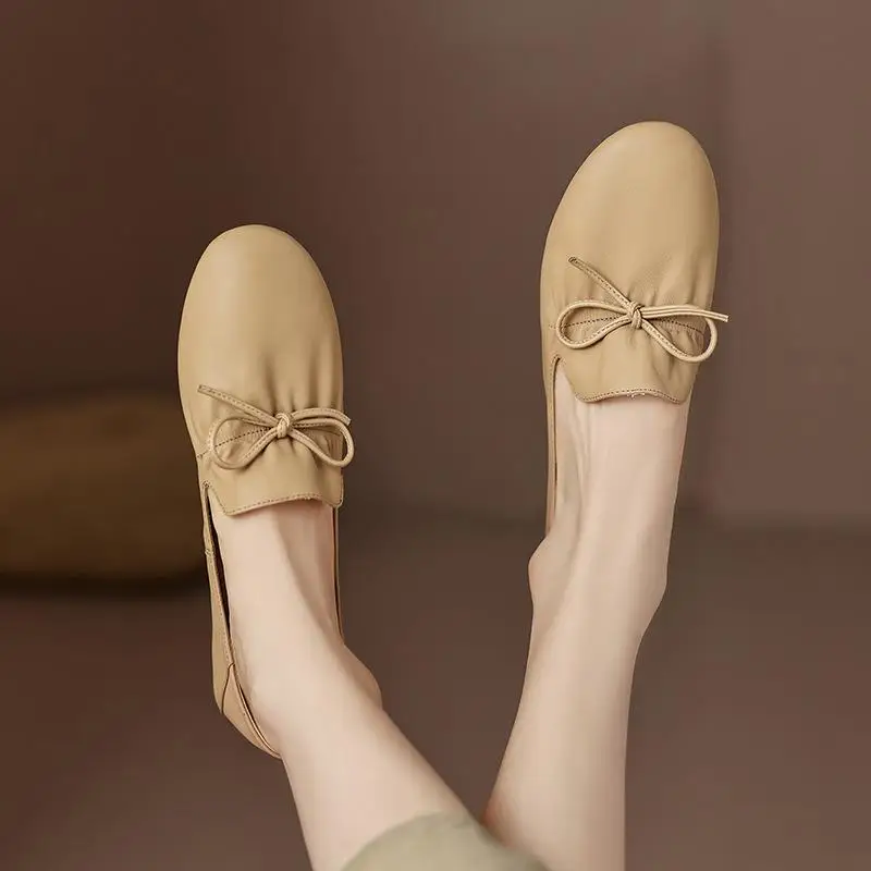 Genuine leather loafers 2024 spring/summer new flat bottomed round toe bow single shoe for women