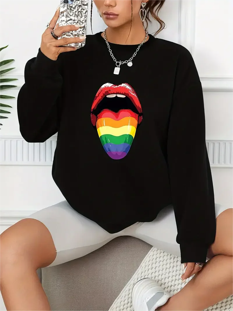 Colorful Rainbow Tongue Print Pullover Casual Loose Fashion Long-Sleeved Sweatshirt Solid Color Women's Clothing