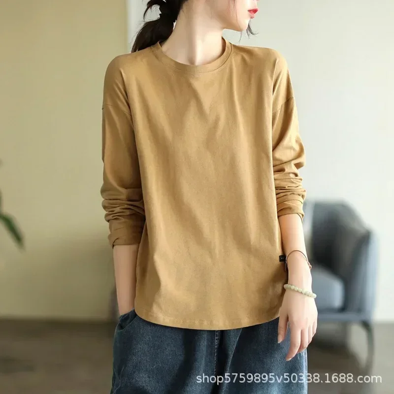 

Retro literary solid color early autumn undershirt woman 2022 new round-necked with long-sleeved T-shirt gray22