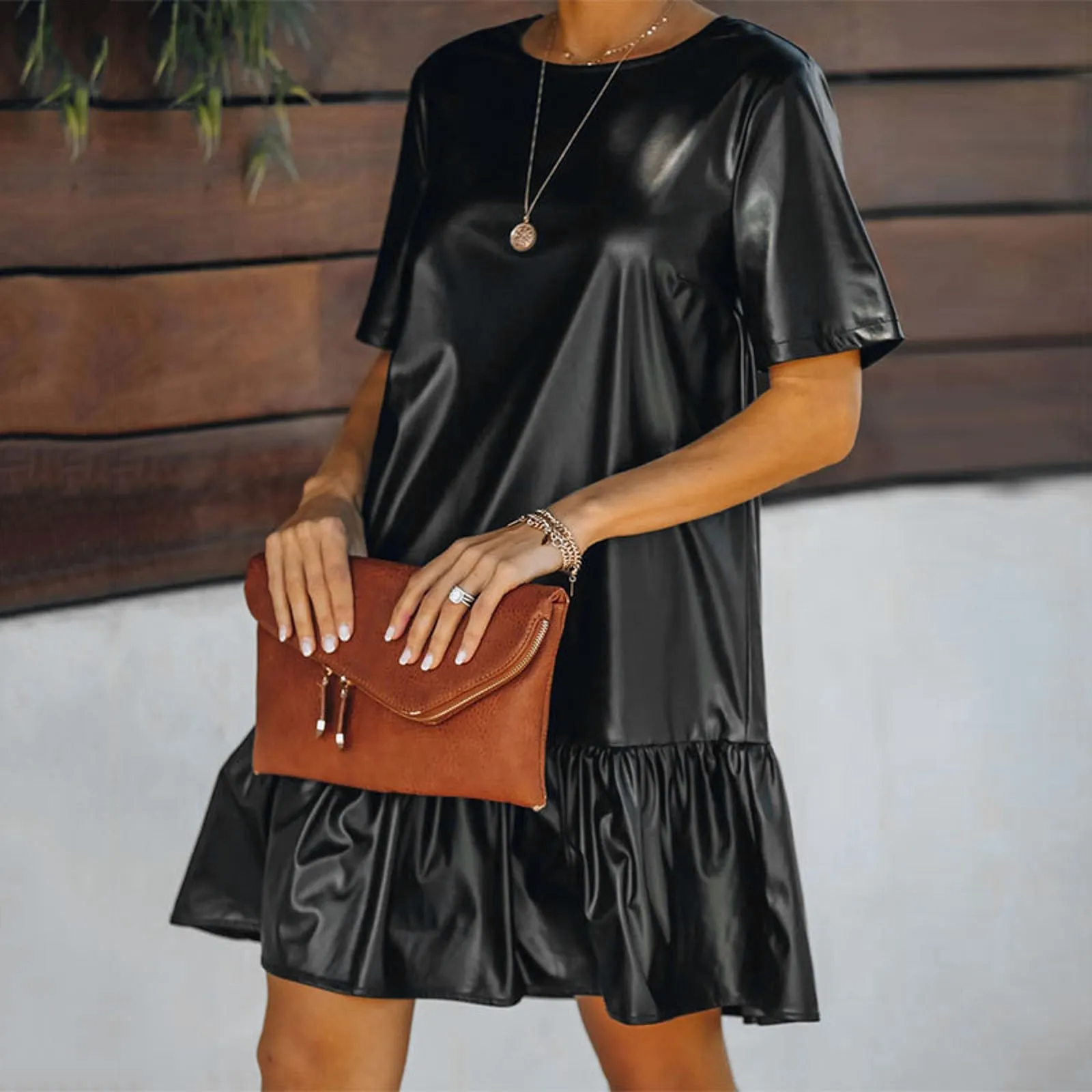 

2024 Women's Black Faux PU Leather Dress Short Sleeve Loose Ruffle Elegant Mini Dresses Fashion Office Lady Clothing Vestidos
