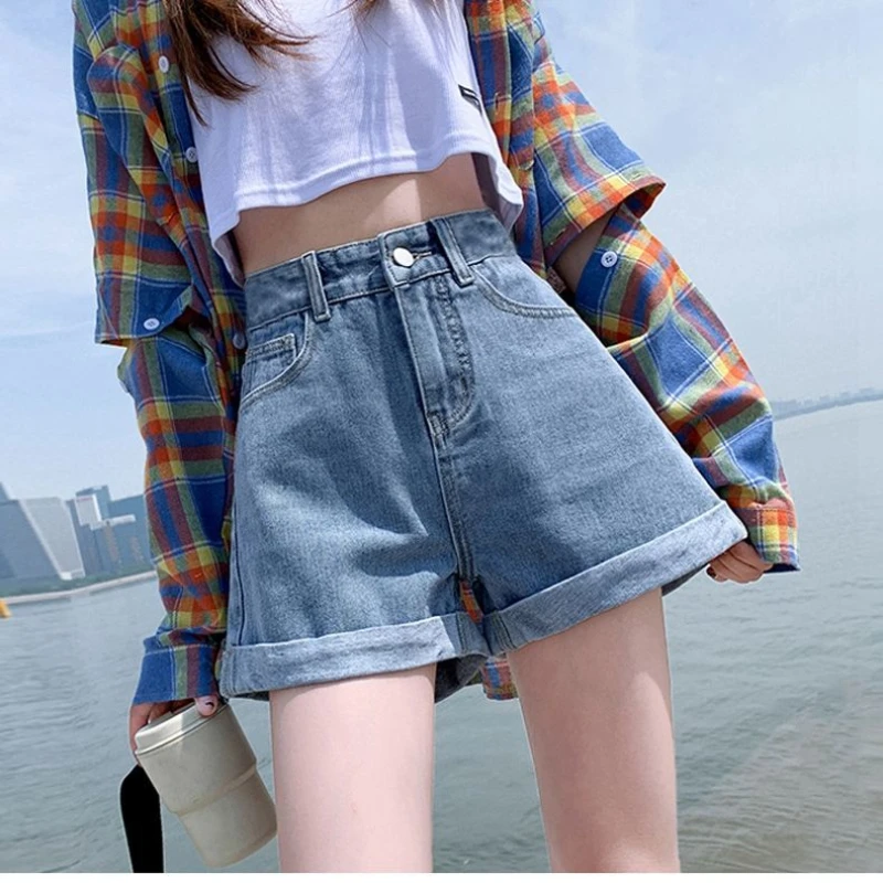 

Women's Shorts Summer Loose Jean Shorts Style High Waisted Shorts Embroidered Wide Leg Short Casual Button Hot Denim Pants Q155