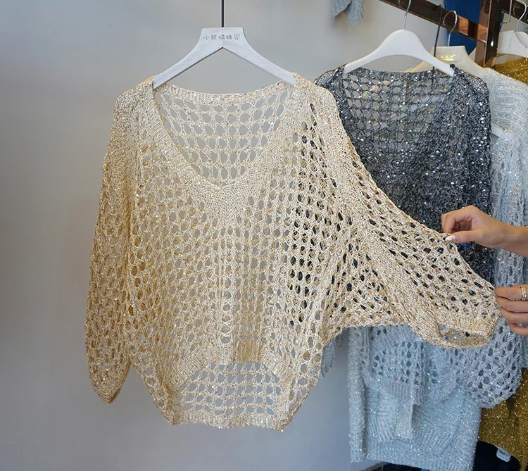 

women sexy knitted party t shirts women sequined t shirt for women bling bling 3/4 sleeve golden t shirts