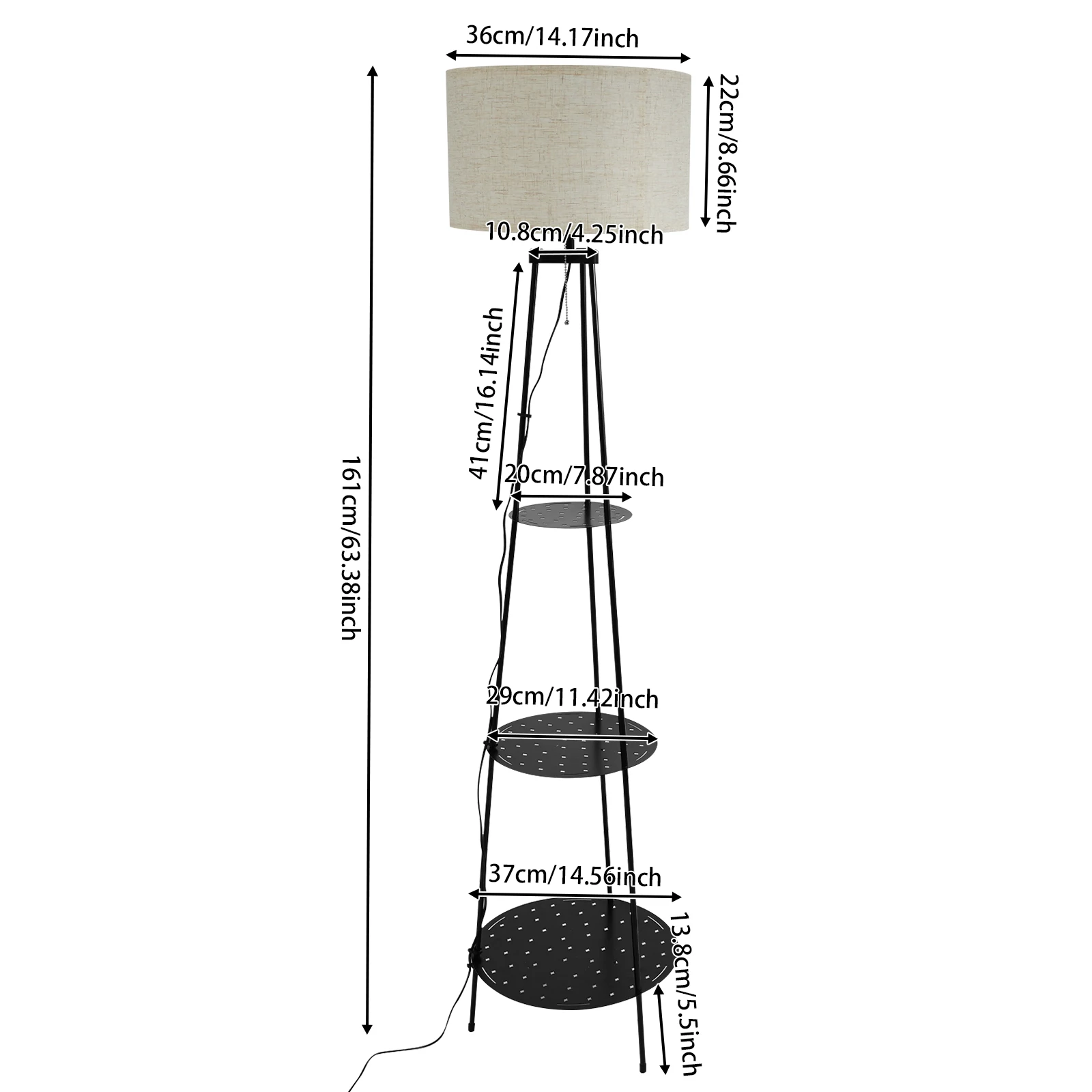 Floor Lamp with 3-Tier Shelf, E27 Socket LED Standing Light for Living Room, Bedroom, No Bulb Included