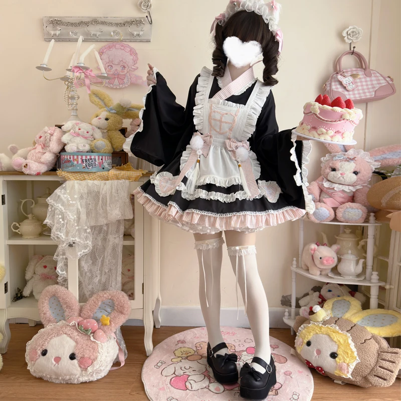 Japanese Gothic Lolita Bow Apron Maid Kimono Dress Women Girl Y2k Kawaii Animation Show Dresses Cat Halloween Cosplay Costumes