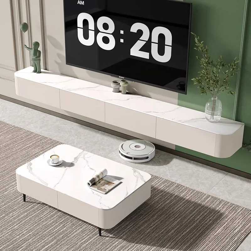 Slate TV Stand Glass Door Home Living Room Luxury Modern Minimalist Solid Wood Floor Standing 2025 New Model Coffee Table Set