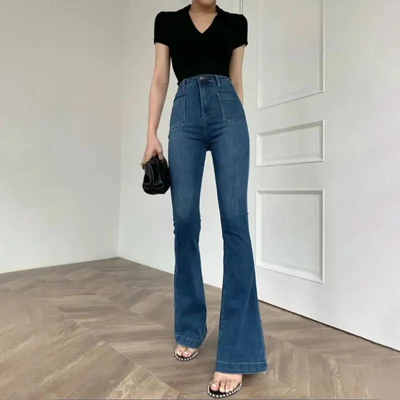 

Hot Girl Vintage Dark Blue Denim Pants Flare Jeans for Women High Waist Slim Thin Skinny Long Pants New Fashion Fitting Trousers