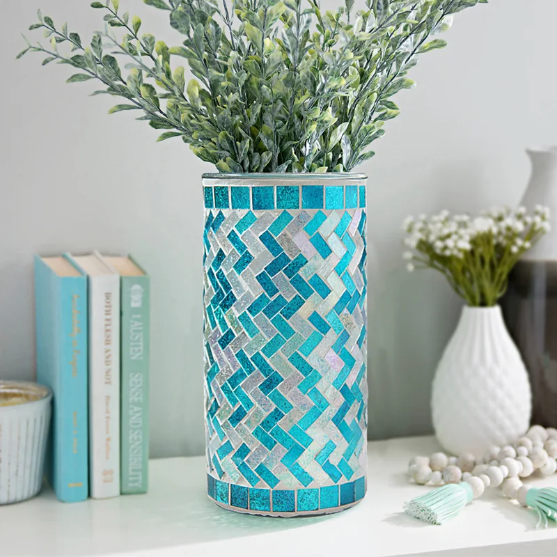 Colorful blue Mediterranean fashionable style straight handmade mosaic glass vase home room decoration Cylindrical