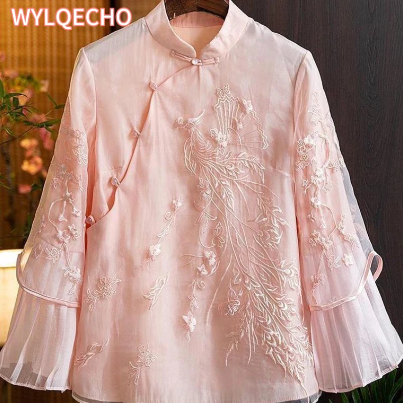 Chinese Style Improved Qipao Embroidered Shirt Spring/Summer New Design Feel Loose and Slim Chinese Top for Women