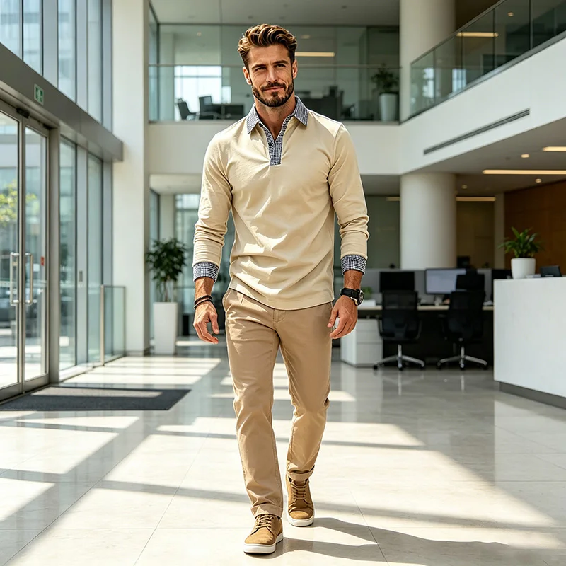 Polo da uomo a maniche lunghe con risvolto a quadri a contrasto, vestibilità regolare, per tutti i giorni, ufficio, affari, weekend, viaggi, casual, streetwear, top basic - immagine 4