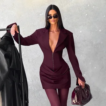 Blifanbo Elegant Deep V Neck Ruched Mini Autumn Long Sleeve Slim High Waist Fashion Patchwork Club Party Dress Female Clothes