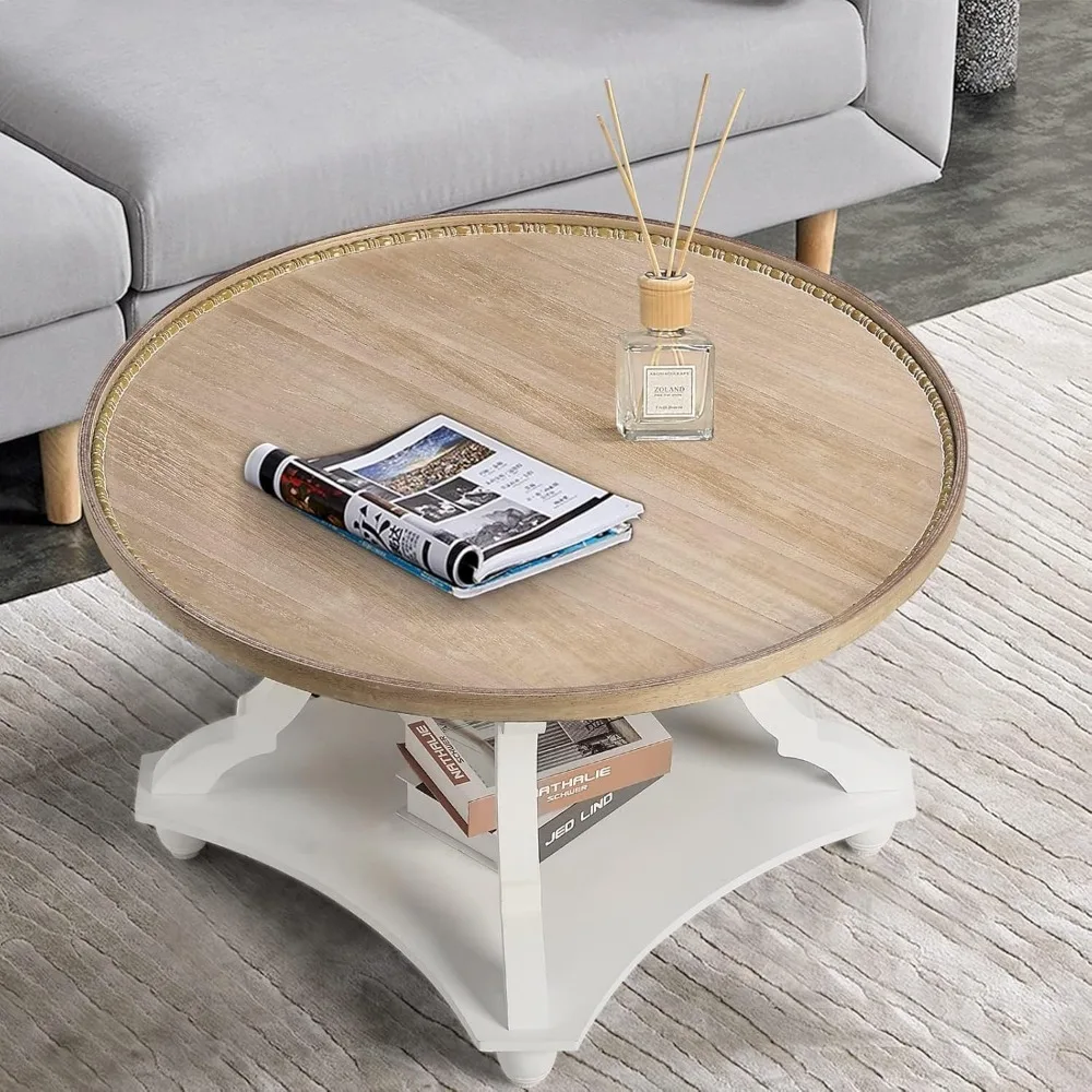 Farmhouse Round Coffee Table,  Wood Tray Top Circle Coffee Table with Storage Shelf Rustic Style 5