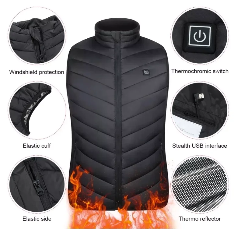 USB Heated Jacket Vest Winter Warm Hiking Outdoor Sports Men