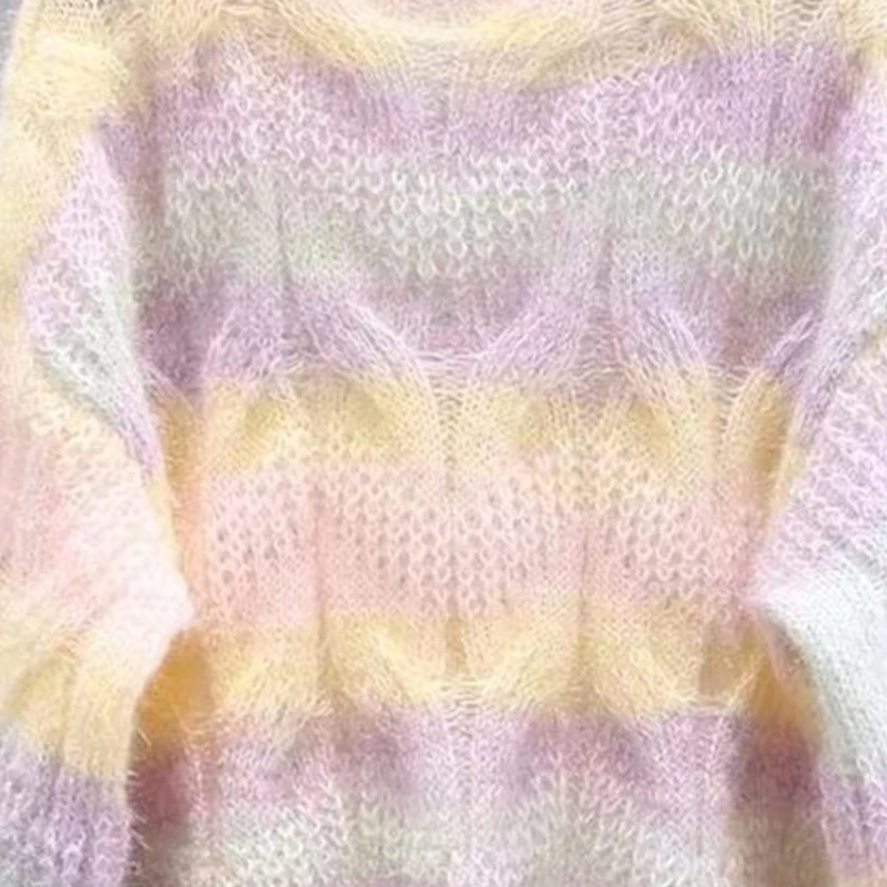 Womens Harajuku Pink Rainbow Striped Hollow Cable Knit Thick
