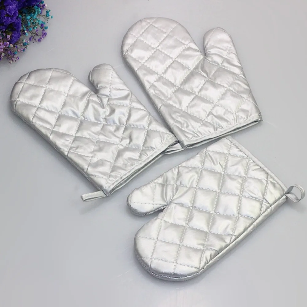 Easy To Clean Silver Oven Mitts Thickened Scald Proof Baking Insulation Gloves Cotton Polyester Microwave Gloves Thanksgiving