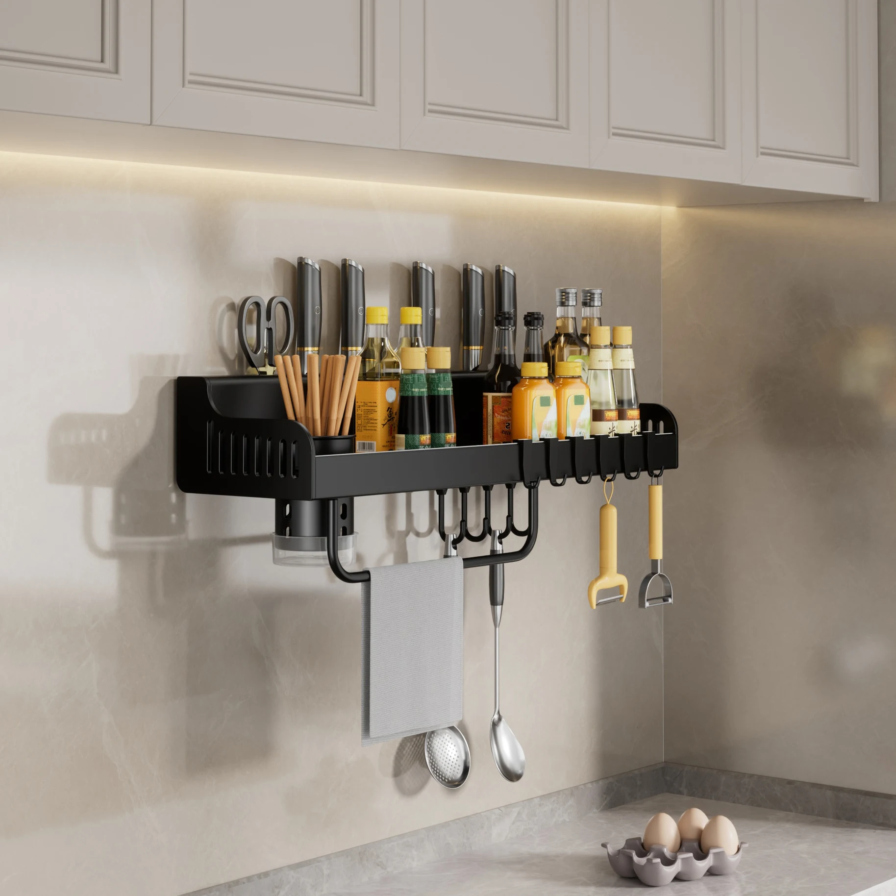 Description Picture 3 of itemKitchen Shelf Wall-Mounted Multi-Functional Kitchenware Storage Kitchen Knife Holder,  Seasoning Hanging Rack With Hook, Black