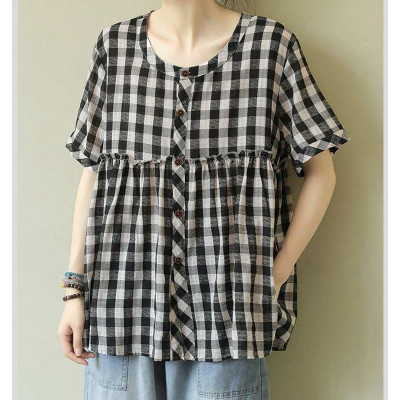 Fashion O-Neck Button Loose Spliced Ruffles Plaid Shirts Women Clothing 2024 Summer New Oversized Casual Tops All-match Blouses