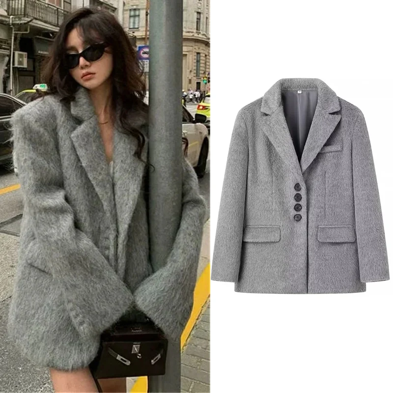 

TRAF Tweed Suit Short Jacket Long Sleeved Coat Fluffy Wool Cashmere Outerwear Wool Blend Bomber Jackets Duffle Coat