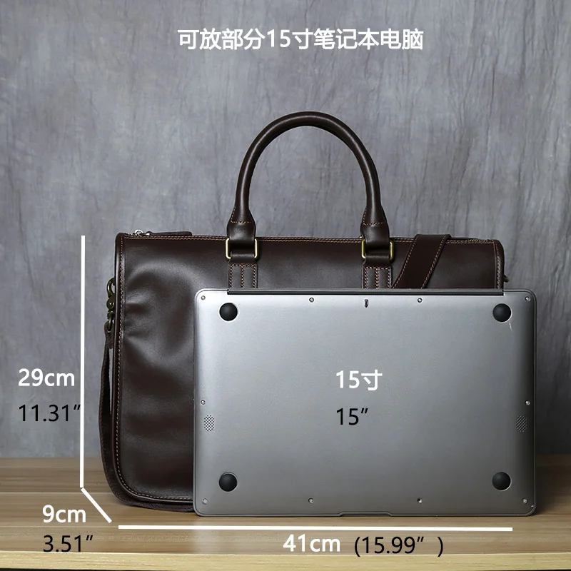 NZPJ Retro Men's Leather Briefcase Natural Cowhide Cross Section Single Shoulder Messenger Bag Casual Business Handbag Laptop