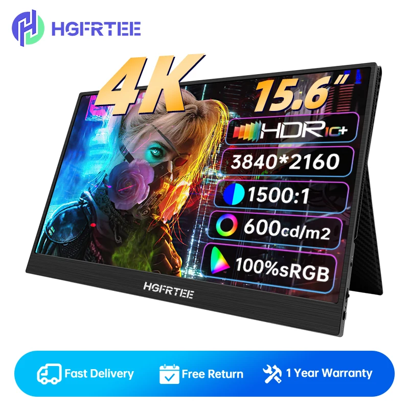 Hgfrtee 15.6 Pollici Ips 4K 3840*2160 600Cd/M² Monitor Per Laptop Portatil Display Da Gioco Da Viaggio Pc Portatile Esterno Con Cover Intelligente