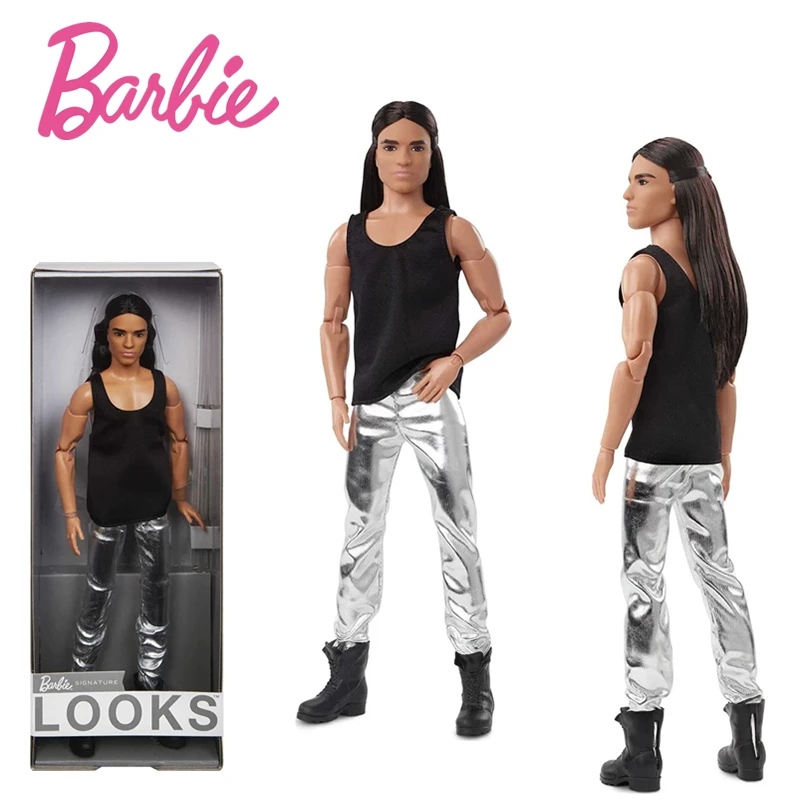 

Barbie Signature Looks Ken Doll Long Brunette Hair Fully Posable Fashion Doll Wearing Black Tank Top Metallic Pants Action Model