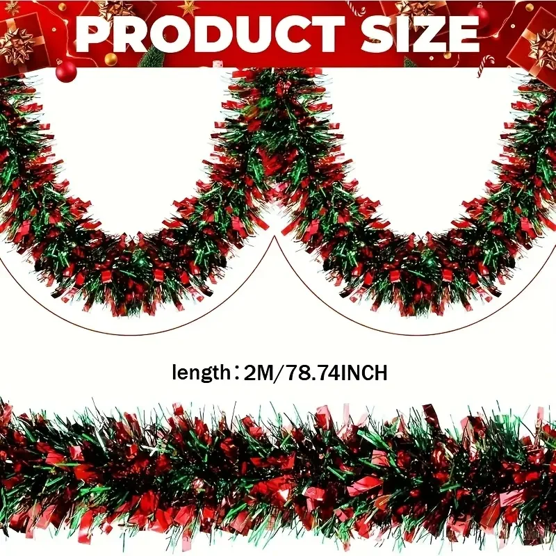 1/3/5Pcs 2M Christmas Strip Ribbon Red Green Tinsel Garland Xmas Tree Hanging Ornaments Home Decoration New Year Party Supplies