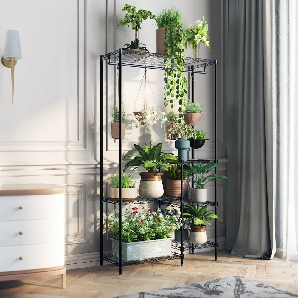 6 Tier 16 [Pot]s [Flower] [Pot]s Holder Storage [Shelf] [Flower] Stands With Hanger Rod for Living Room Balcony and Garden Black