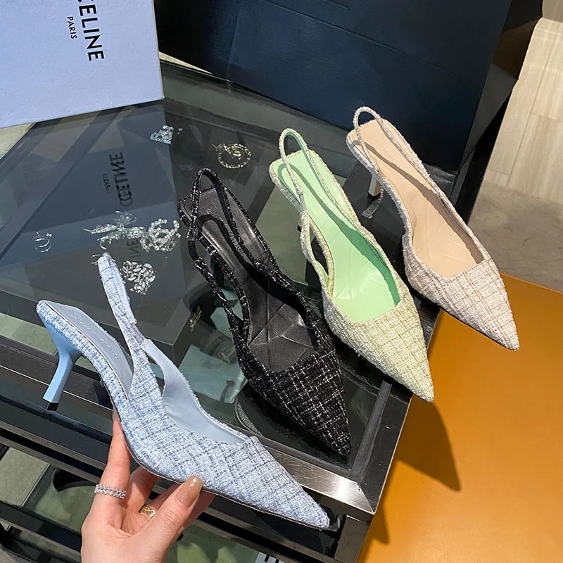 

2023 Spring New Brand Green Women Sandal Fashon Thin High Heel Ladies Elegant Slingback Shoe Crystal Buckle Dress Pumps Shoe