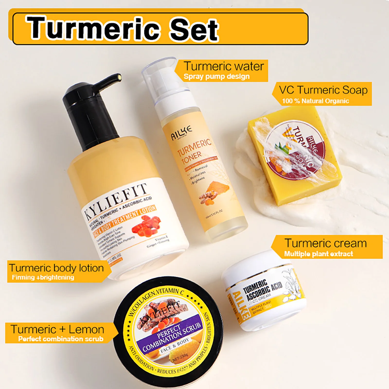 AILKE Organic Turmeric Skin Care Set Brighten Cleaning Skin Reduce Acne Whiten Even Skin Tone Improve Dry bleaching skin care set