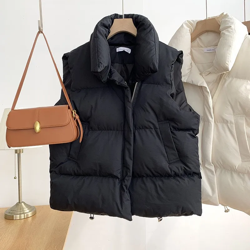 New Winter Cotton Vest Women Warm Coat Turn-down Collar Zipper Sleeveless Jacket Overcoat Loose Drawstring Waistcoat Vest Coat