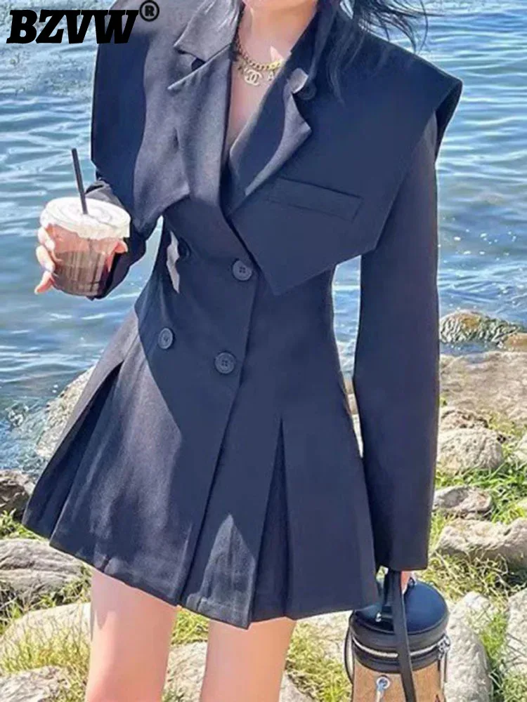 

Женское двубортное платье-блейзер BZVW в Корейском стиле с матросским воротником и длинными рукавами, платье с присборенной талией, Новинка осени 2024, 25A8521