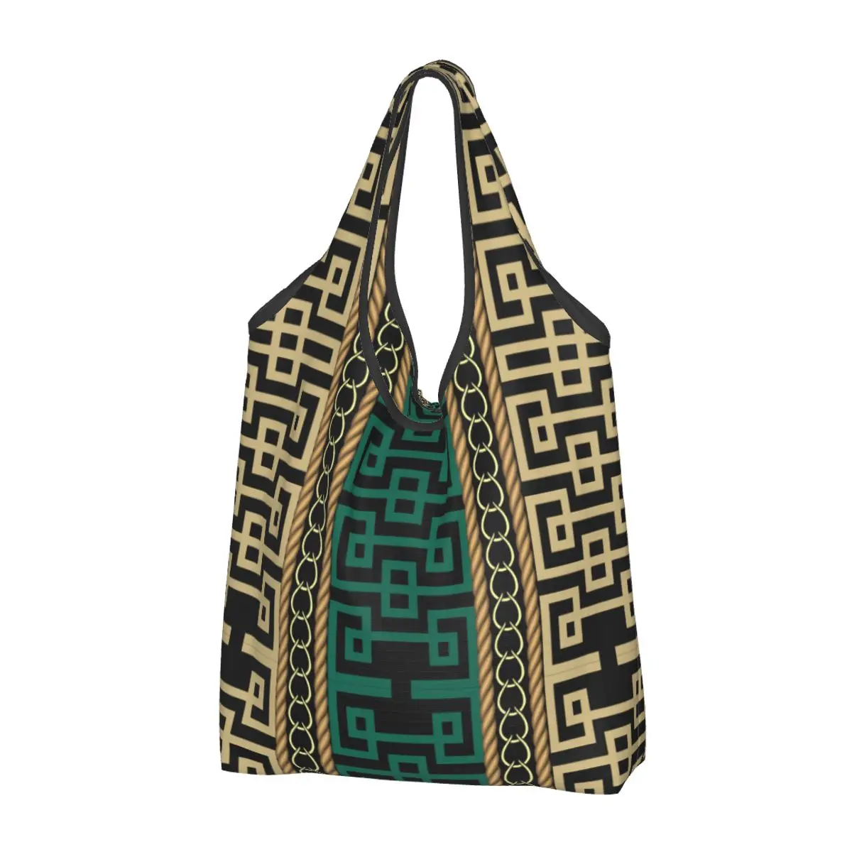 

Vintage Greek Key Meanders Reusable Shopping Grocery Bags Foldable 50LB Weight Capacity Greek Border Tribal Ethnic Style Eco Bag