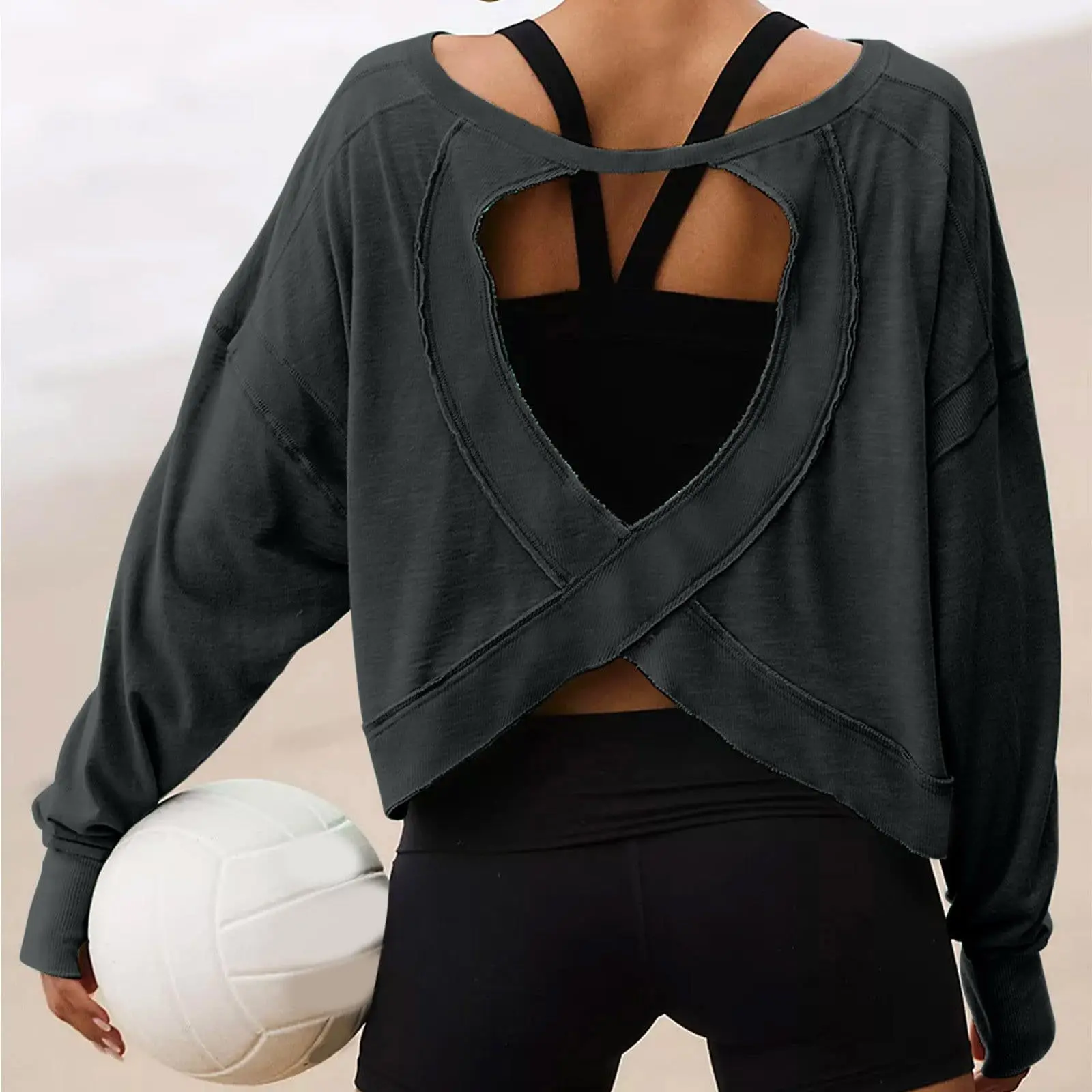 Women's Loose Long-sleeved T-shirt Blouse Age-reducing Hollow Short Round Neck Sports sports t shirt sports shirt