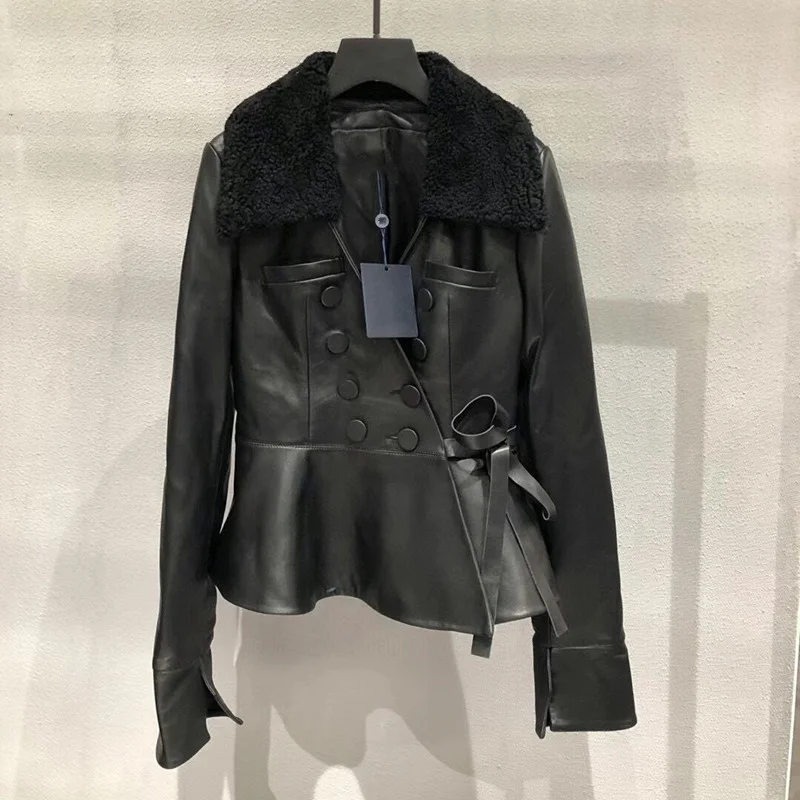 

Lambskin Natural Leather Women Leather Jacket Lamb Fur Long Sleeves 100% Sheepskin Leather Coat H96