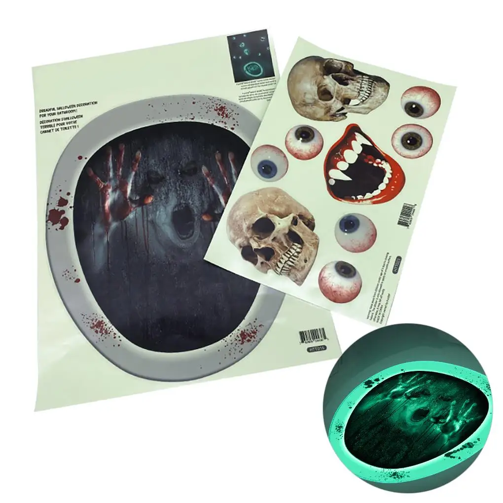 2Pcs Halloween Luminous Toilet Lid Decals Scary Wall Stickers DIY Horror Bathroom Home Party Decor