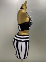 2025 New Women Celebrity Sexy Jacquard Black White Two Piece Bodycon Striped Bandage Skirt Set Designer Evening Party Dress - Image 4