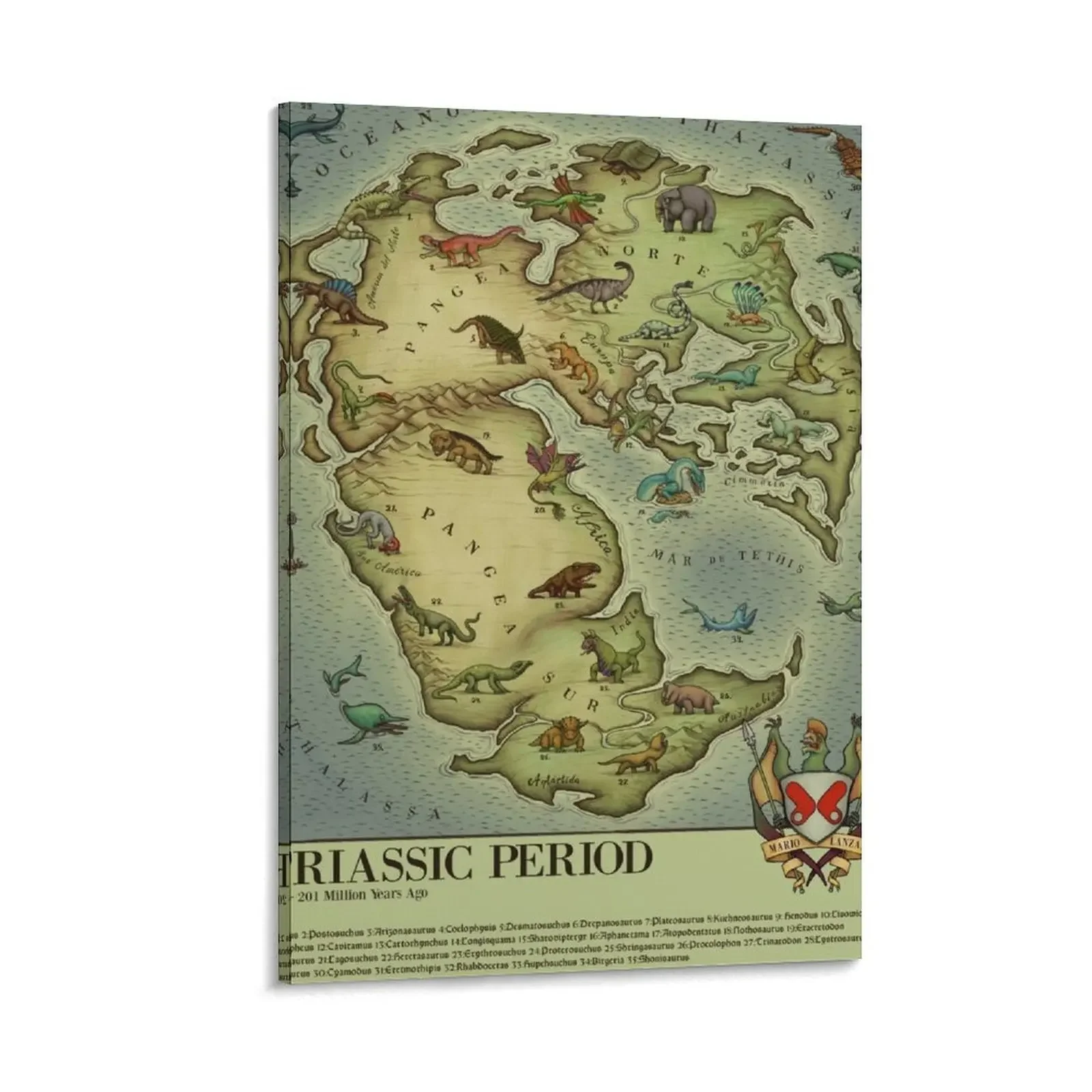 

TRIASSIC period map (vintage syle) Medieval Bestiary. Pangea Map Canvas Painting wall decoration Decoration for bedroom