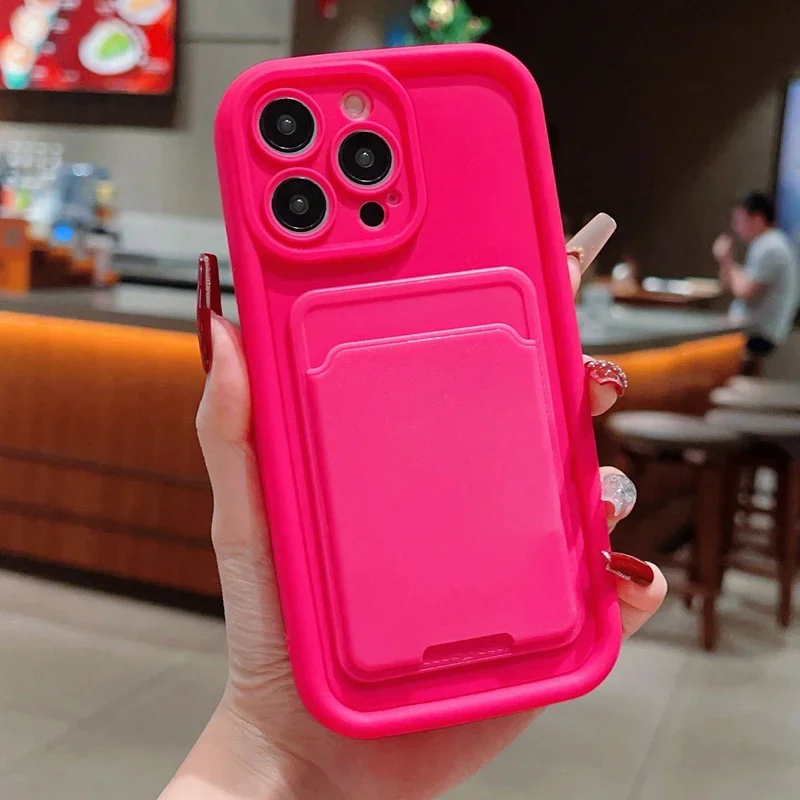 Silicone Soft Shockproof Phone Case with Card Holder - Candy Color Cover