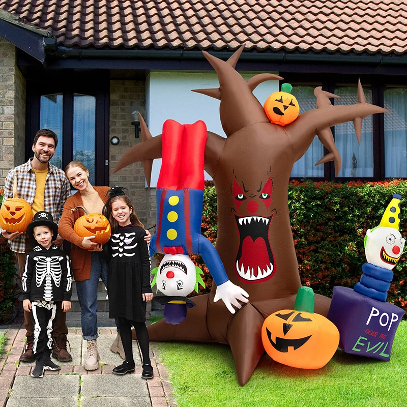 

8 Feet Halloween Inflatable Tree Giant Blow-up Spooky Dead Tree with Pop-up Clowns Garden Outdoor Event & Party Supplies