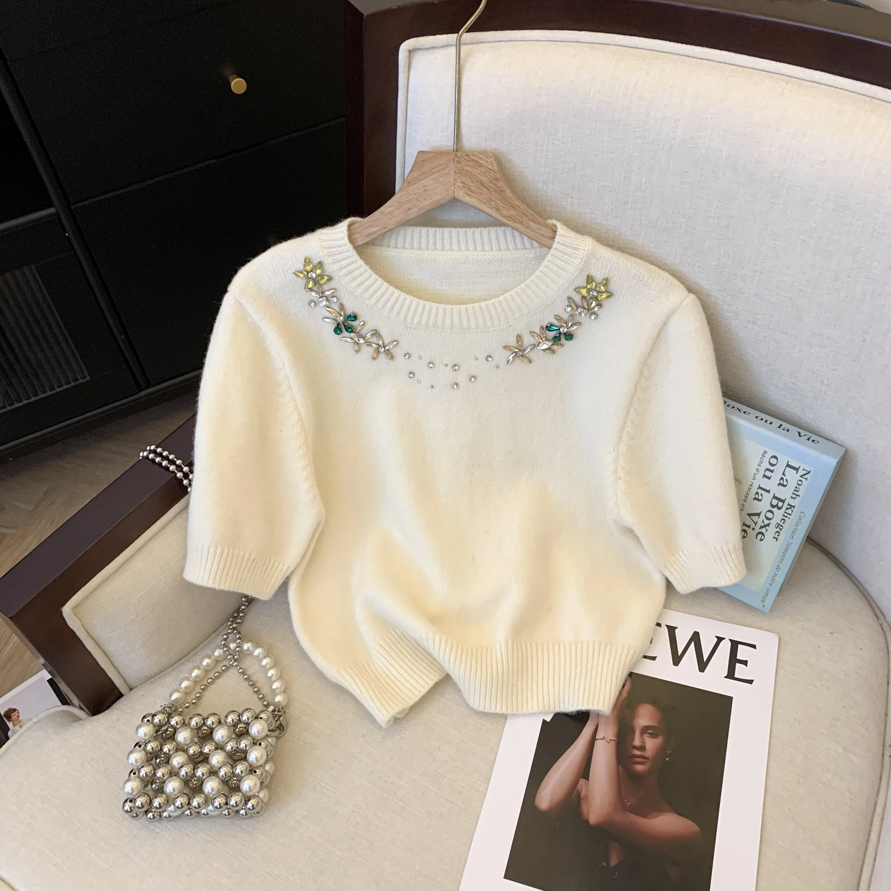 

Heavy Industry Nail Bead Design High Quality Sweater Short Knitted T-shirt Women's Spring Summer New French Style Tops X963