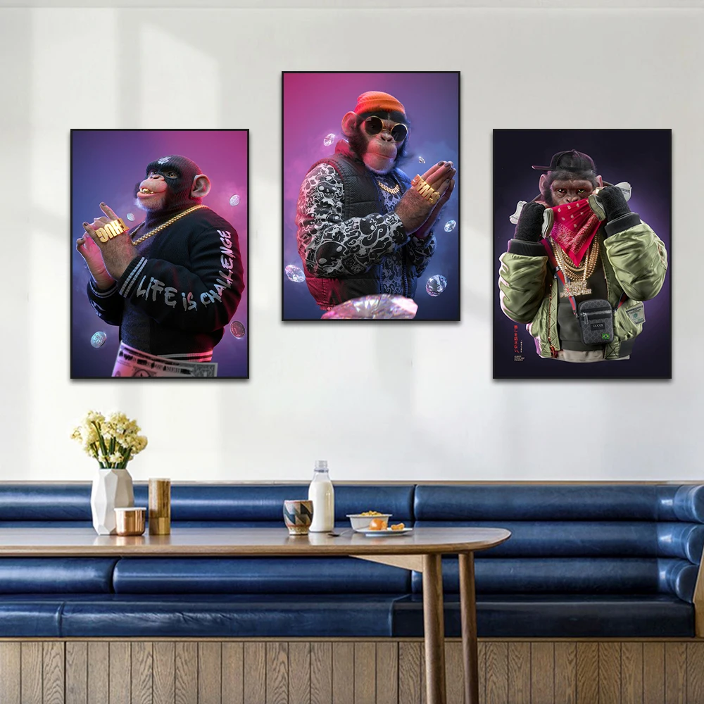 

Rich Money Hip Hop Gorilla Canvas Painting Cool Masked Sunglasses Monkeys Posters and Print Funny Wall Art Decor for Living Room