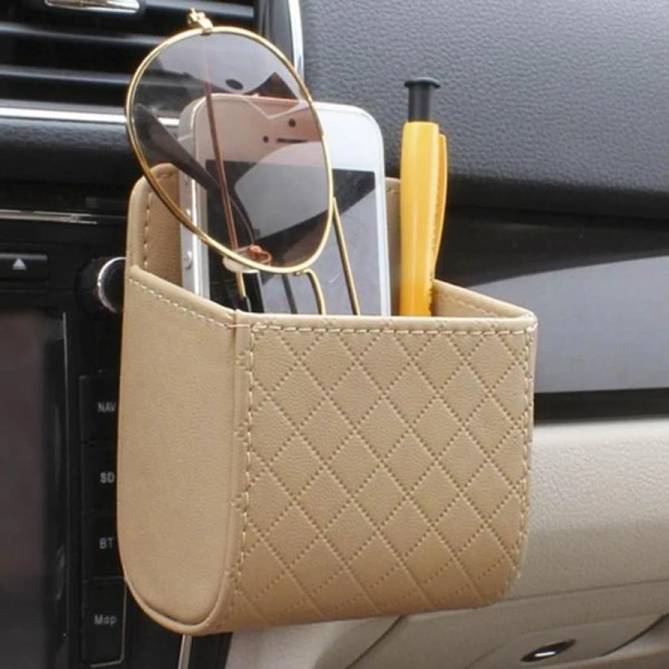 1pc Car Storage Bag Air Vent Dashboard Tidy Hanging Leather Organizer Box Glasses Phone Holder Storage Organizer Car Accessories