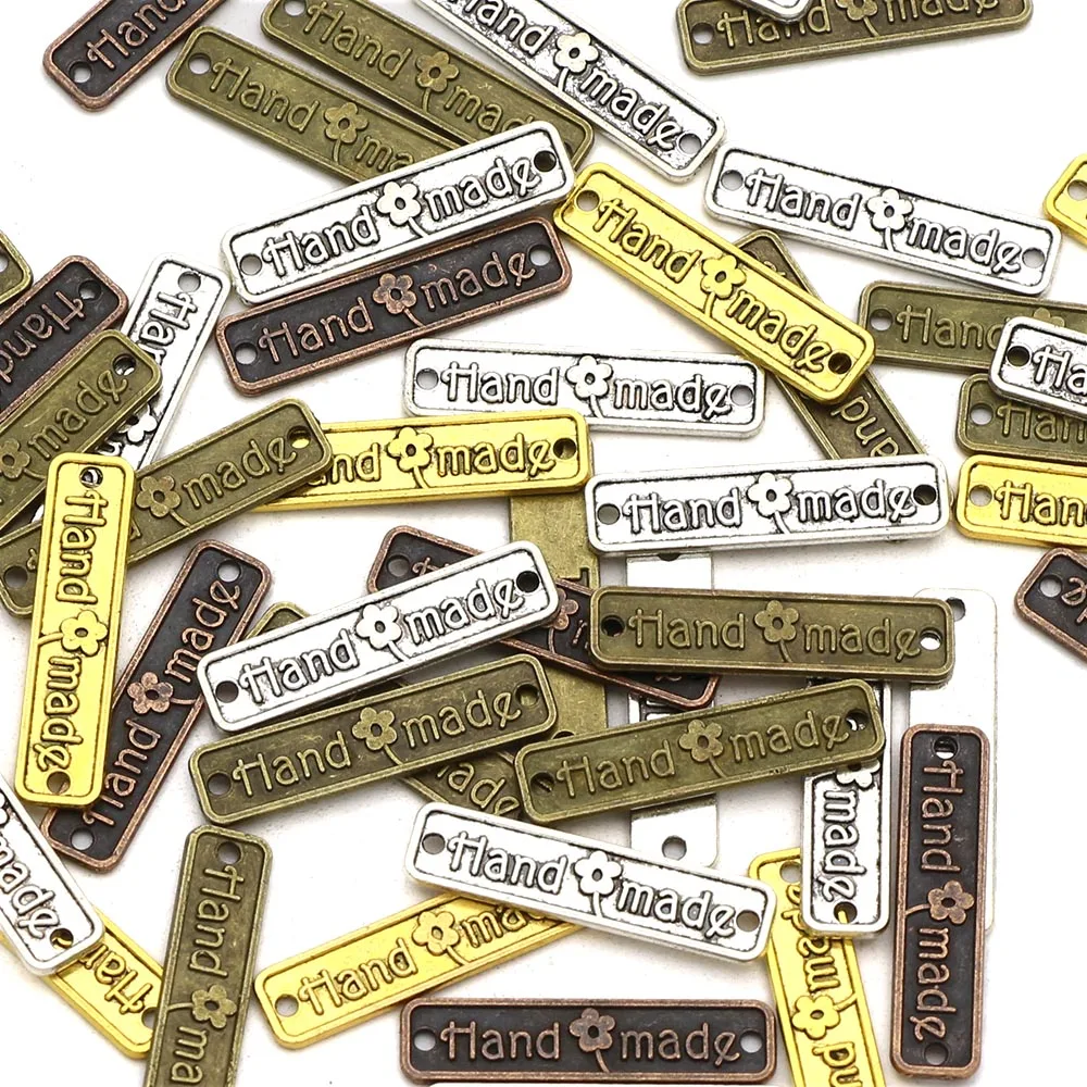 Clothing Labels 10Pcs Flower Handmade Tags Vintage Metal Alloy Hand Made Label Silver Bronze Clothing Labels Charms Pendant DIY Earrings Jewelry