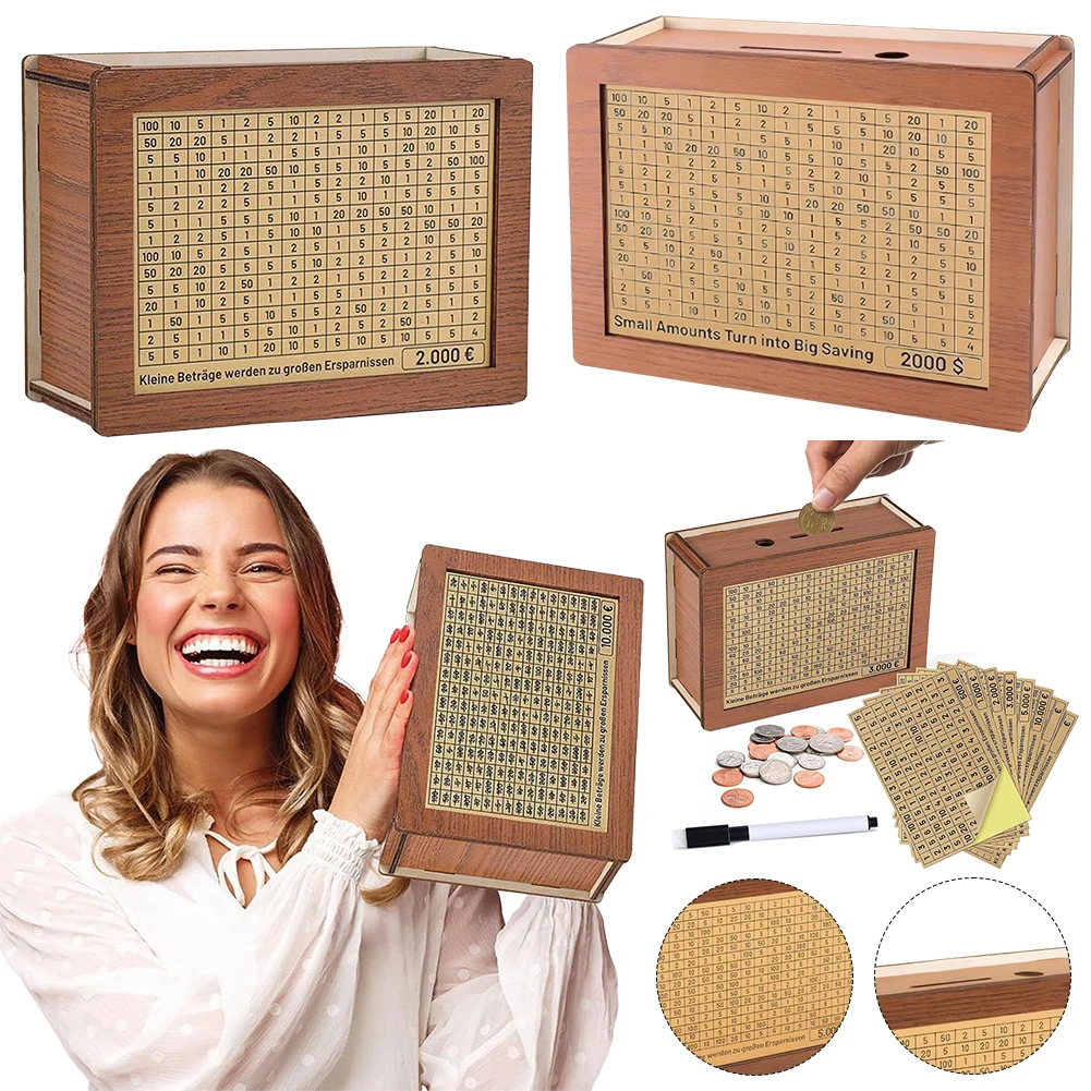 Money-Box-with-Savings-Goal-and-Numbers-Wooden-Money-Bank-Reusable ...