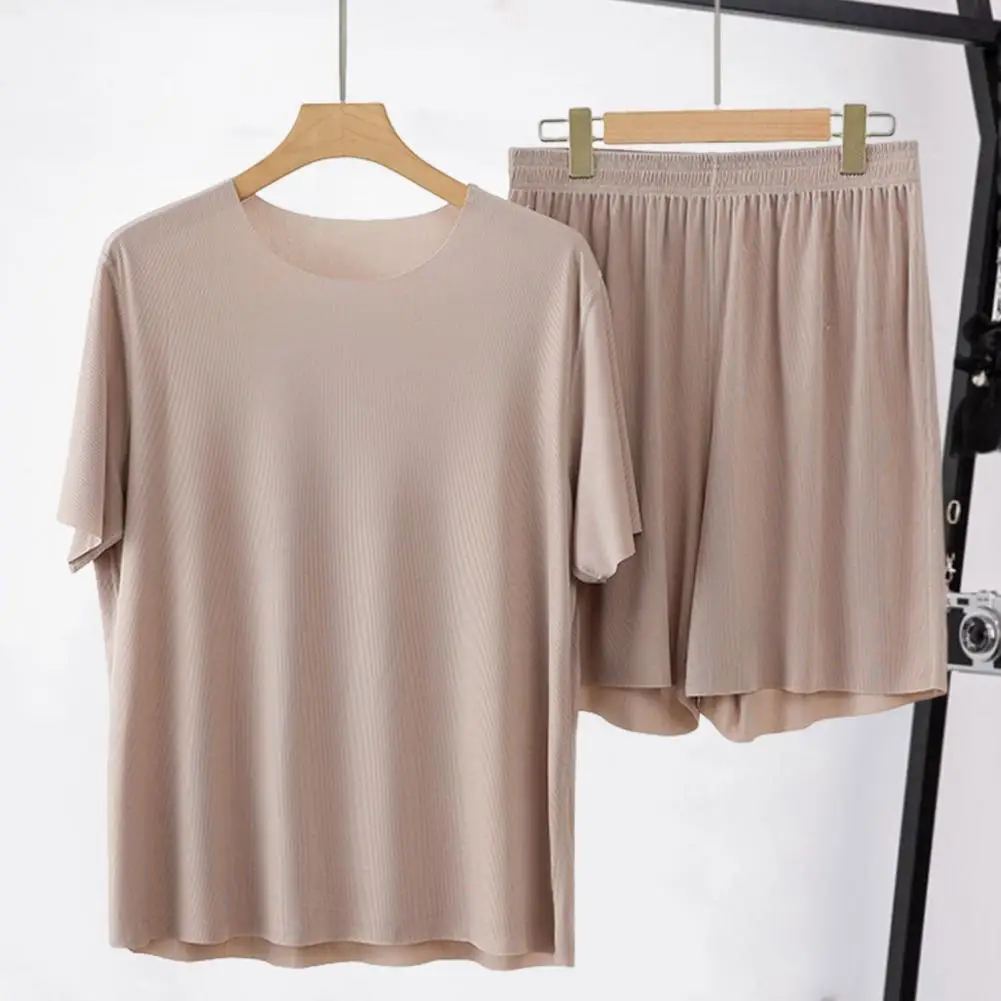Men Homewear Set O-Neck Short Sleeve Tops Elastic Waist Wide Leg Shorts Solid Color Ice Silk Male Pajamas