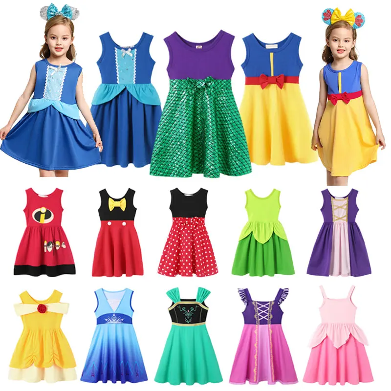 Disney Summer Casual Dress For Girls Cosplay Frozen Encanto Rapunzel Mermaid Belle Princess Costume Kid Birthday Party Clothes