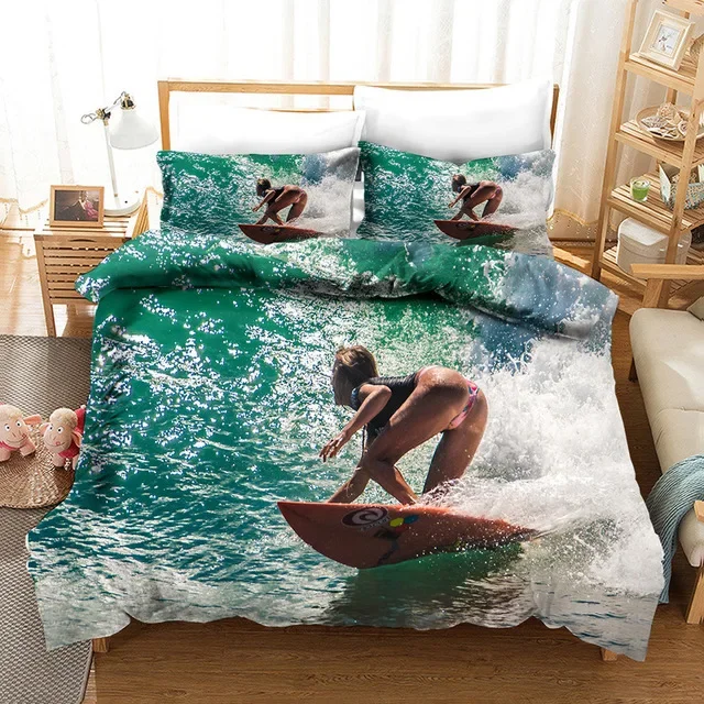 Summer Surf Seaside Bedding Set Vacation Blue Ocean Comforter Duvet Cover Set For Adults King Queen Size 3d Quilt Bed Set Linen