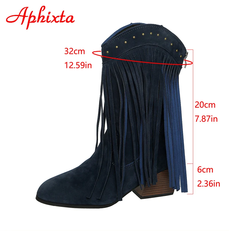 Aphixta Blue Flock Mid-Calf Boots 6cm Square Heel Tassel Design Size Zip Fringe Woman Shoes Big Size 43 Cowboy Western Boot